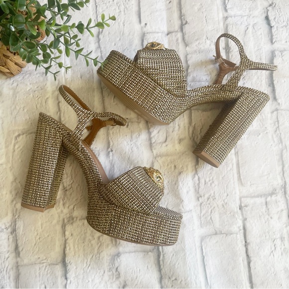 Kurt Geiger Kensington platform heels sandal Eagle sequined gold sparkle - Picture 1 of 7
